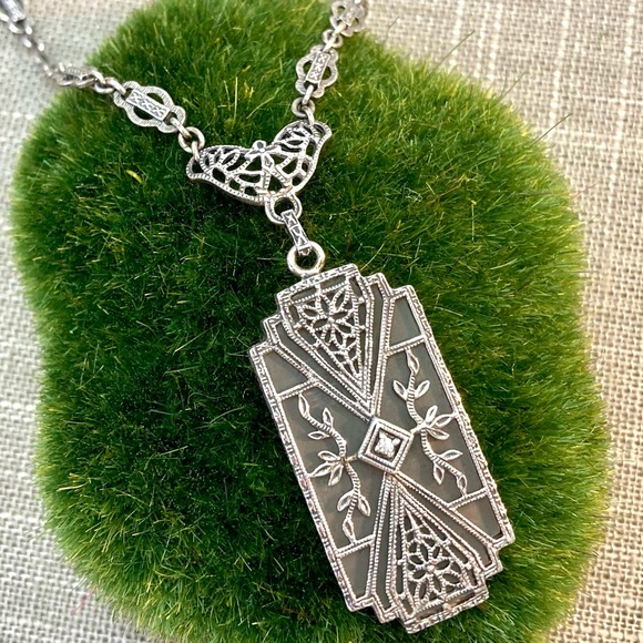 Alluring Vintage Filigree Sterling Silver Diamond and Camphor Glass Necklace - Picture 1 of 6